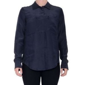 $295 Sz S Elain Kim Navy Rossmore Zip Pocket Long Sleeve Blouse